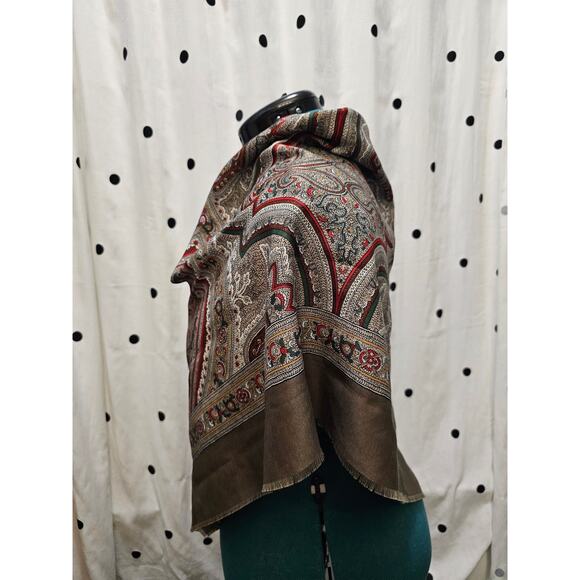 Italian made olive green paisley polyester woven large square raw edge scarf - Picture 3 of 8